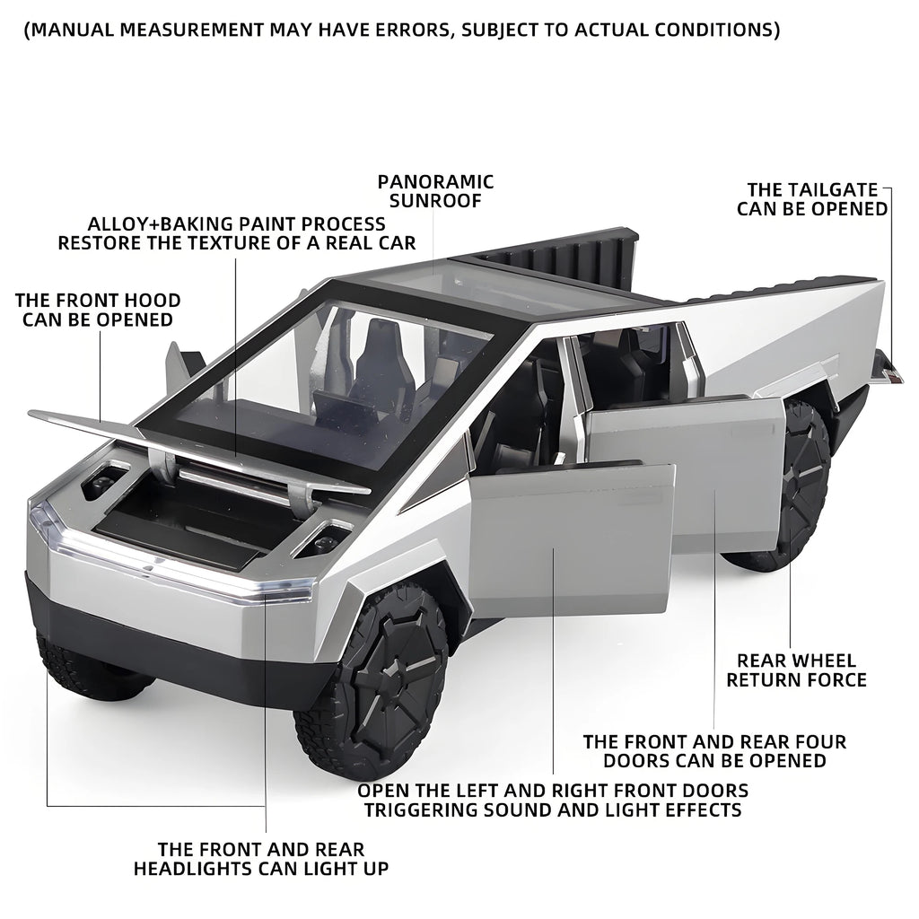 1:32 Cybertruck Pickup Toy Alloy Off-road Die-cast Metal Model Sound and Light Return Toy Gifts,  Birthday Gift for Children.