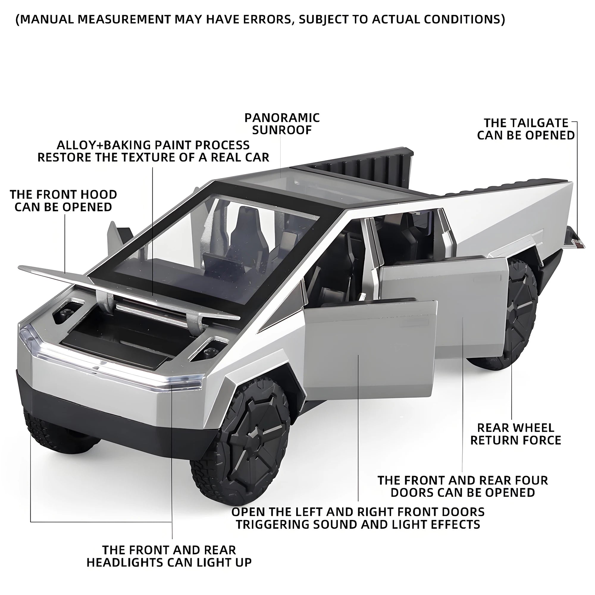 1:32 Cybertruck Pickup Toy Alloy Off-road Die-cast Metal Model Sound and Light Return Toy Gifts,  Birthday Gift for Children.