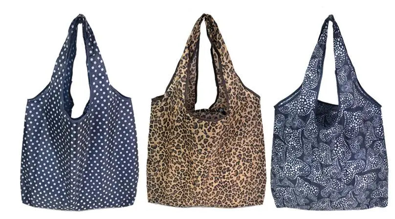 Women's Foldable Cat Flower Pattern Large Shopping Bag Washable Leopard Print Reusable Easy To Carry Capacity Handbags Pouch