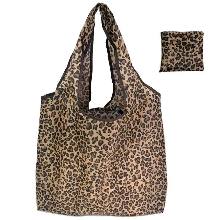 Women's Foldable Cat Flower Pattern Large Shopping Bag Washable Leopard Print Reusable Easy To Carry Capacity Handbags Pouch