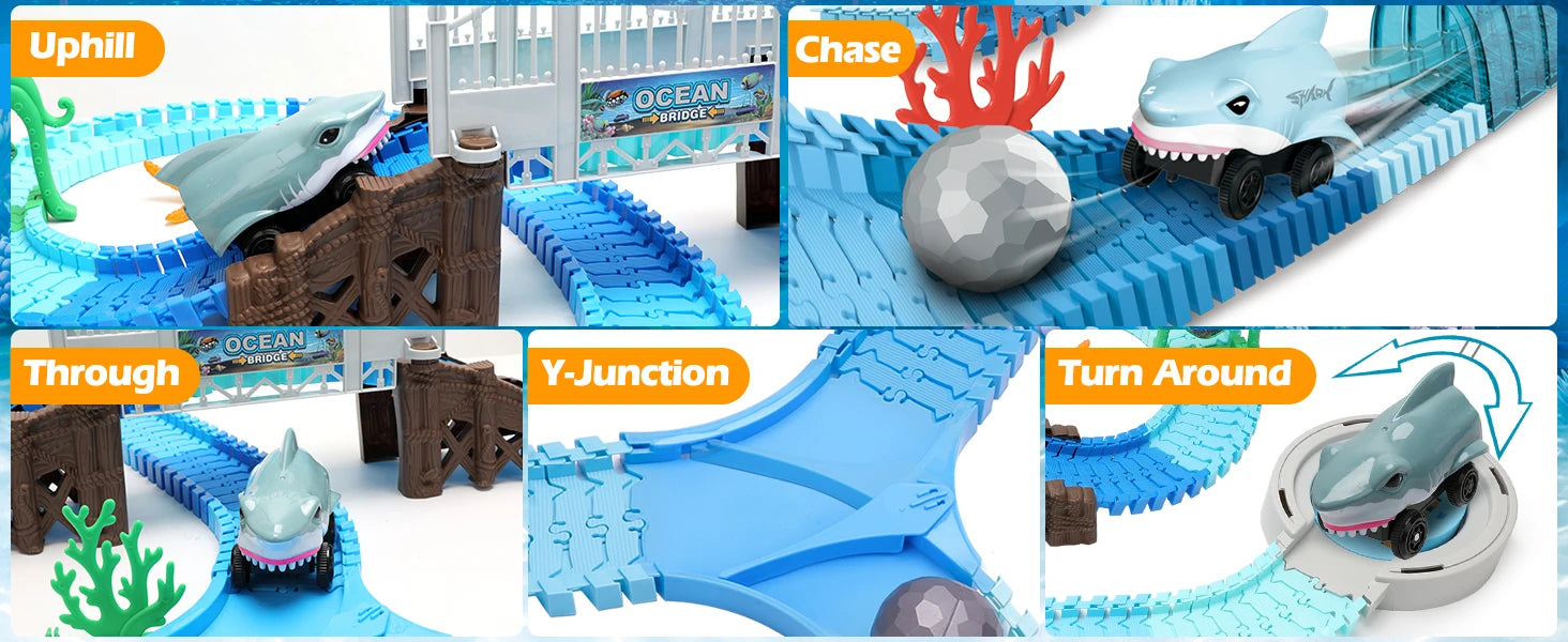 VATOS Track Toys Shark Race Car Toy for Boys Girls Age 3+ Bendable Flexible Racetrack Cars Ocean Train Toy STEM Educate Kid Set