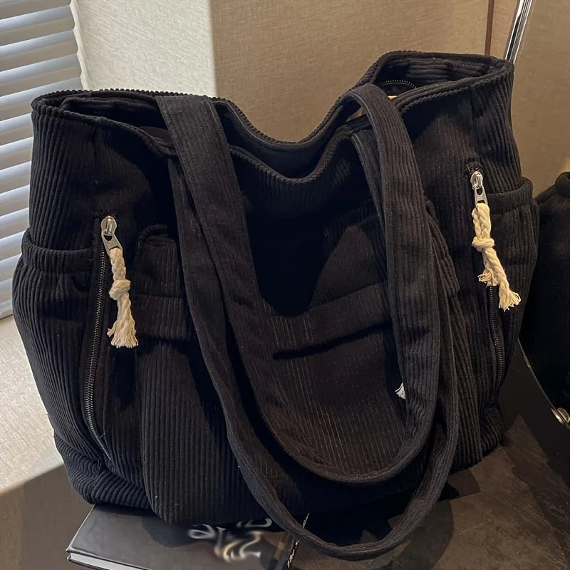 Travel Master Corduroy Shoulder Bag Casual Solid Color with Multiple Pocket Tote Bag For Women