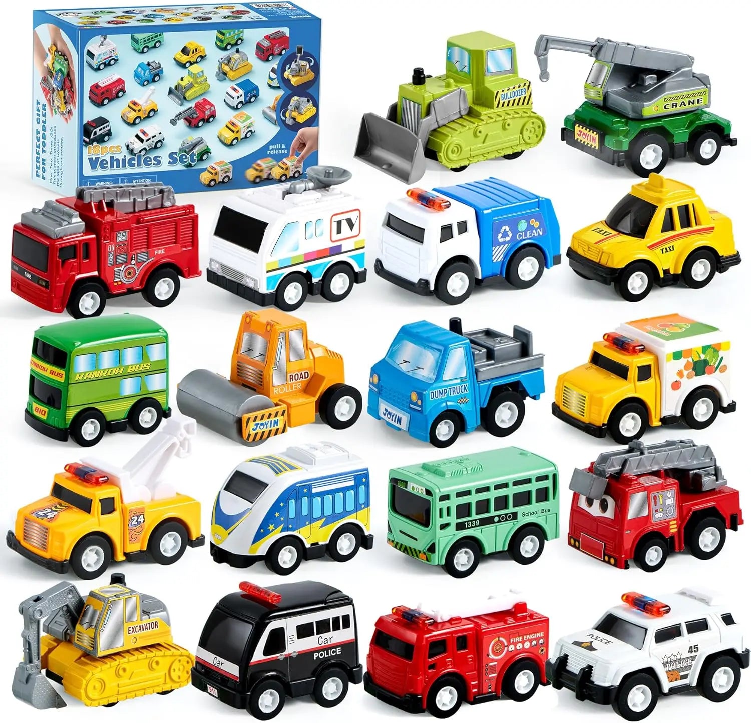 JOYFY 18 Pcs Pull Back City Cars and Trucks Toy Vehicles Set Friction Powered Cars for Kids Best Birthday Christmas Gifts